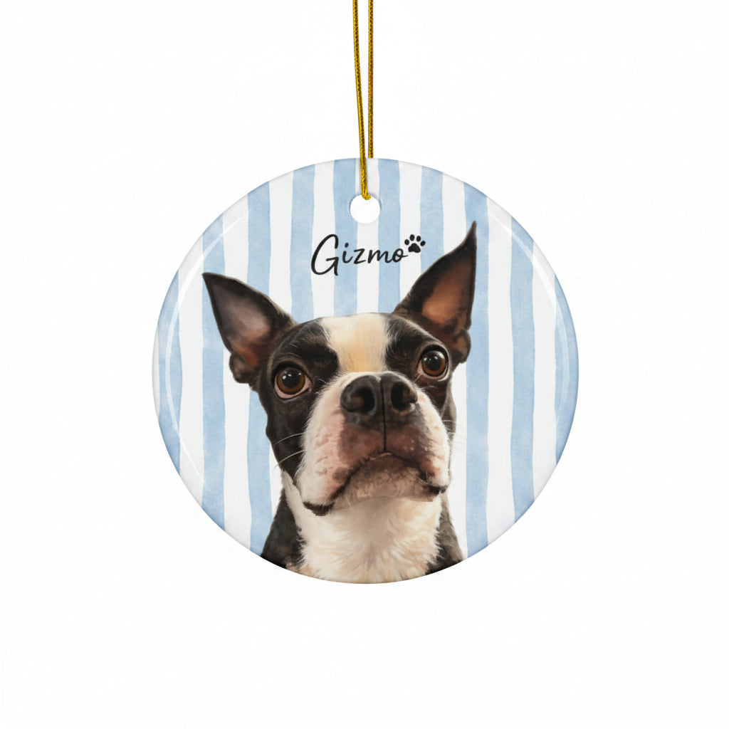 Custom Striped Dog Portrait Ceramic Ornament - Watercolor Art Using Photo(s) And Name(s) . Circle