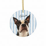 Custom Striped Dog Portrait Ceramic Ornament - Watercolor Art Using Photo(s) And Name(s) . Circle