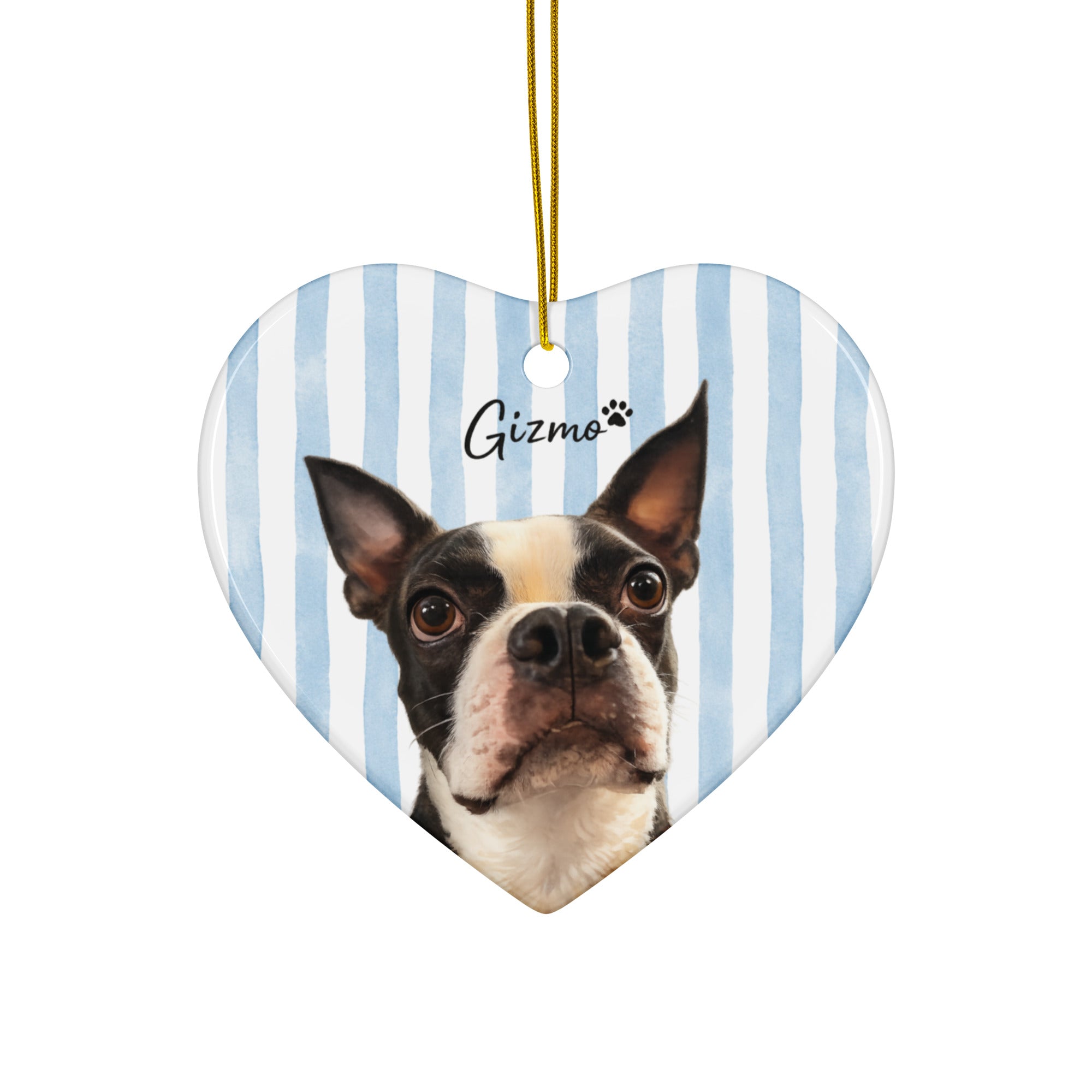 Custom Striped Dog Portrait Ceramic Ornament - Watercolor Art Using Photo(s) And Name(s) . Heart