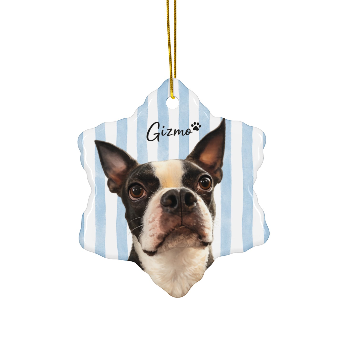 Custom Striped Dog Portrait Ceramic Ornament - Watercolor Art Using Photo(s) And Name(s) . Snowflake