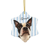 Custom Striped Dog Portrait Ceramic Ornament - Watercolor Art Using Photo(s) And Name(s) . Snowflake
