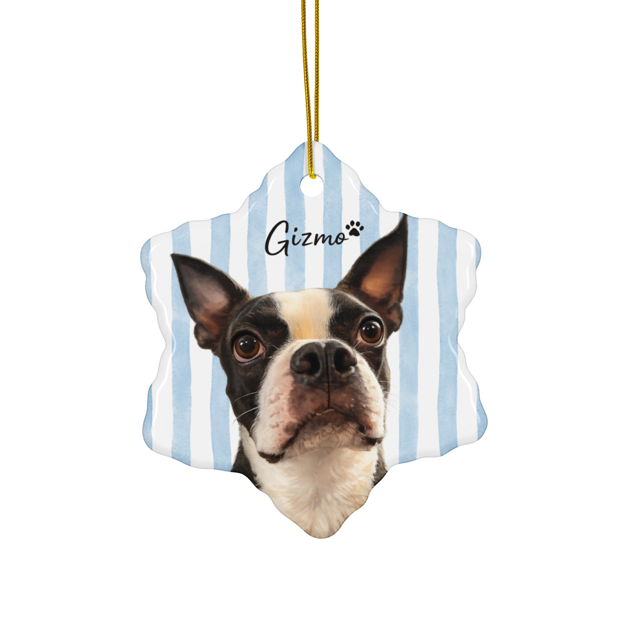 Custom Striped Dog Portrait Ceramic Ornament - Watercolor Art Using Photo(s) And Name(s) . Snowflake