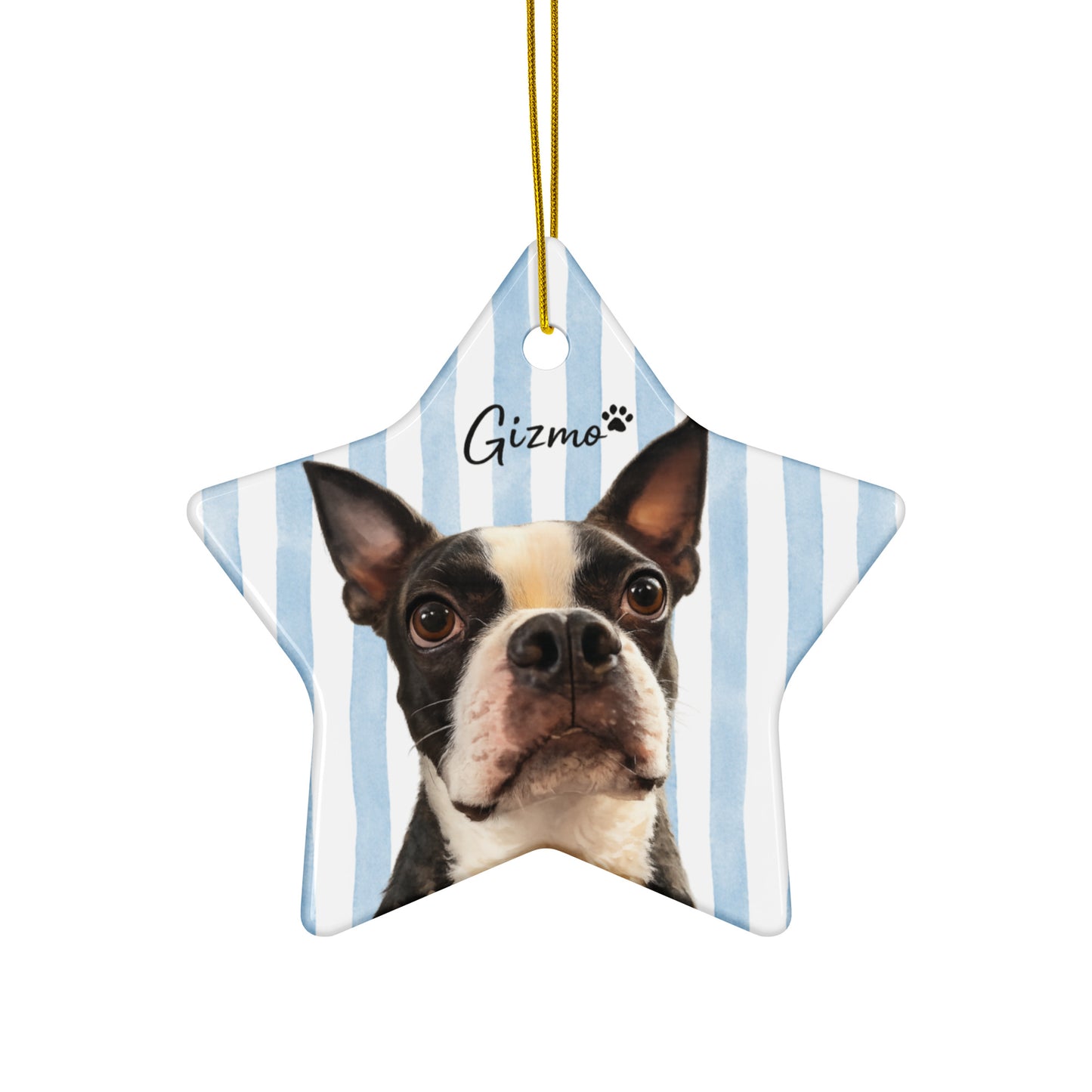 Custom Striped Dog Portrait Ceramic Ornament - Watercolor Art Using Photo(s) And Name(s) . Star