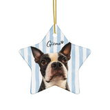 Custom Striped Dog Portrait Ceramic Ornament - Watercolor Art Using Photo(s) And Name(s) . Star
