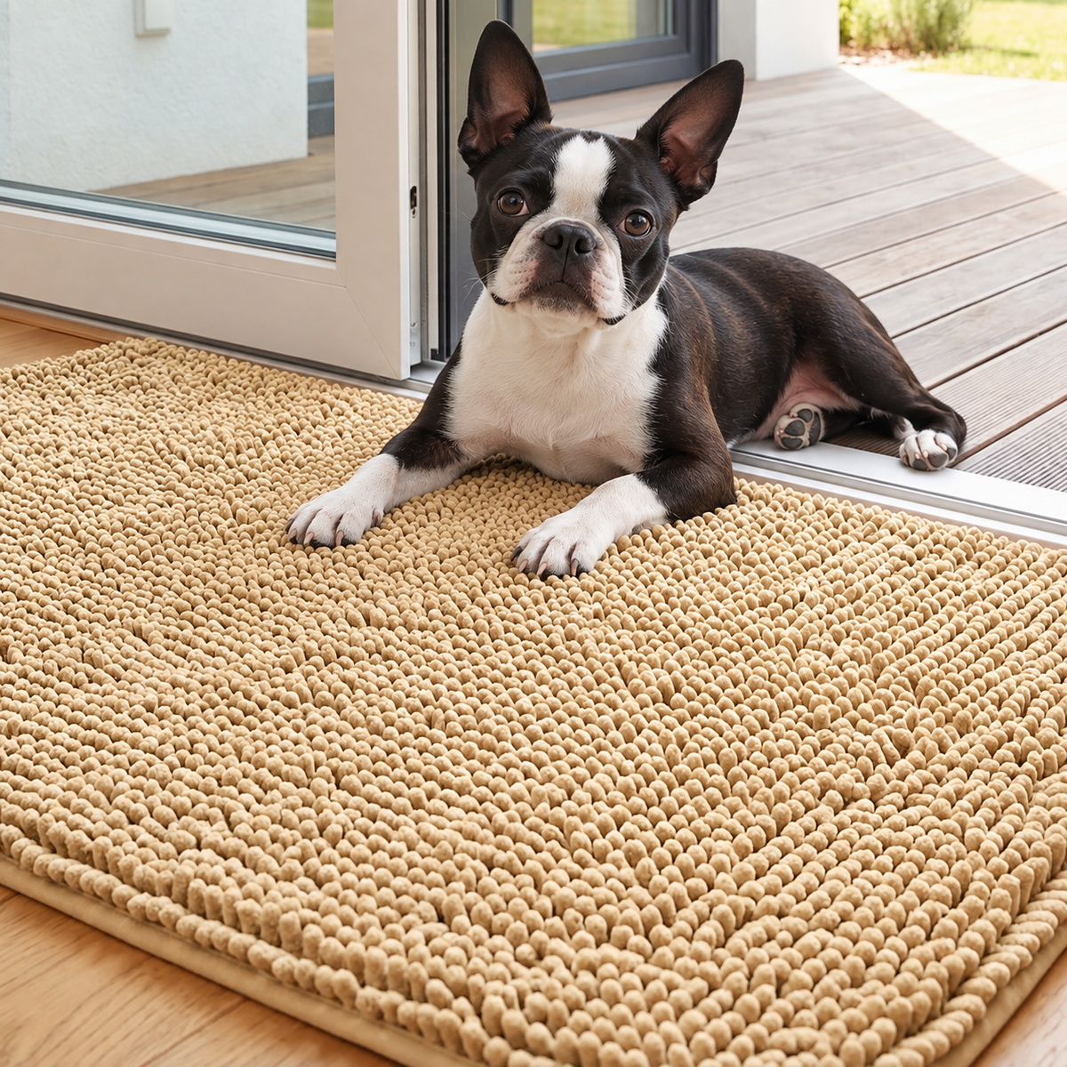 Chenille Non-Slip Absorbent Pet Mat – Soft Long-Pile Dog Floor Mat . Beige