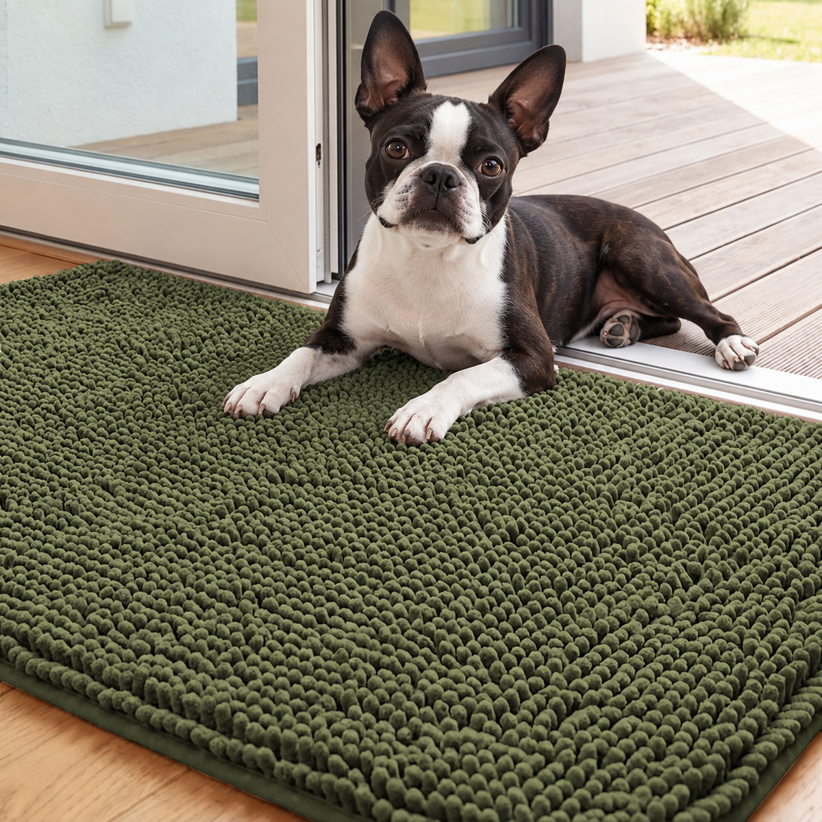 Chenille Non-Slip Absorbent Pet Mat – Soft Long-Pile Dog Floor Mat . Oily Green