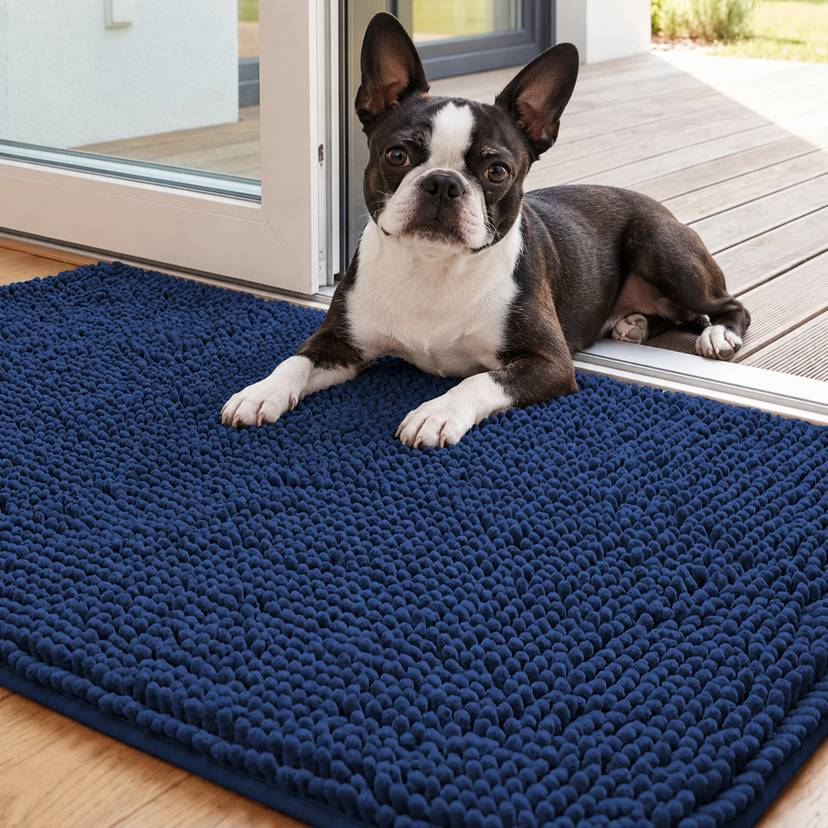 Chenille Non-Slip Absorbent Pet Mat – Soft Long-Pile Dog Floor Mat . Navy Blue