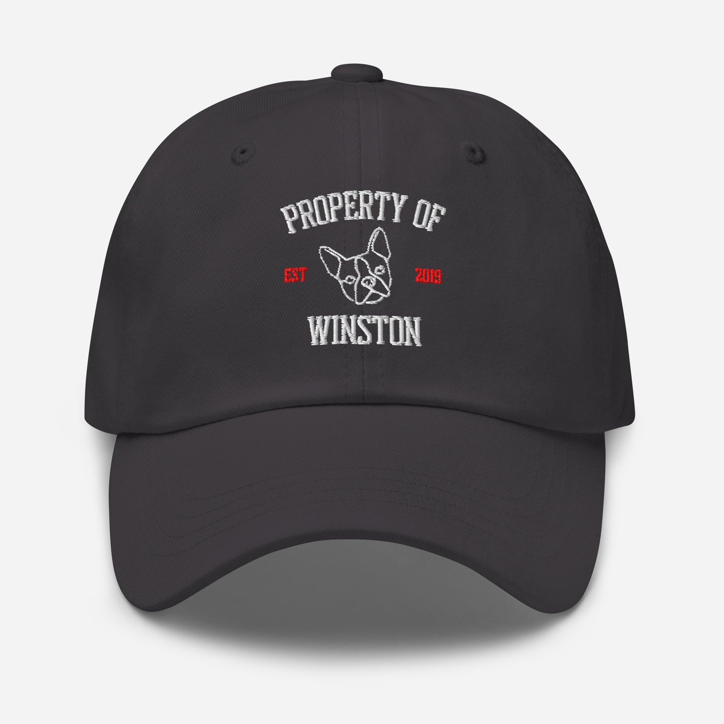 Property Of My Dog Custom Embroidered Dad Hat . Dark Grey