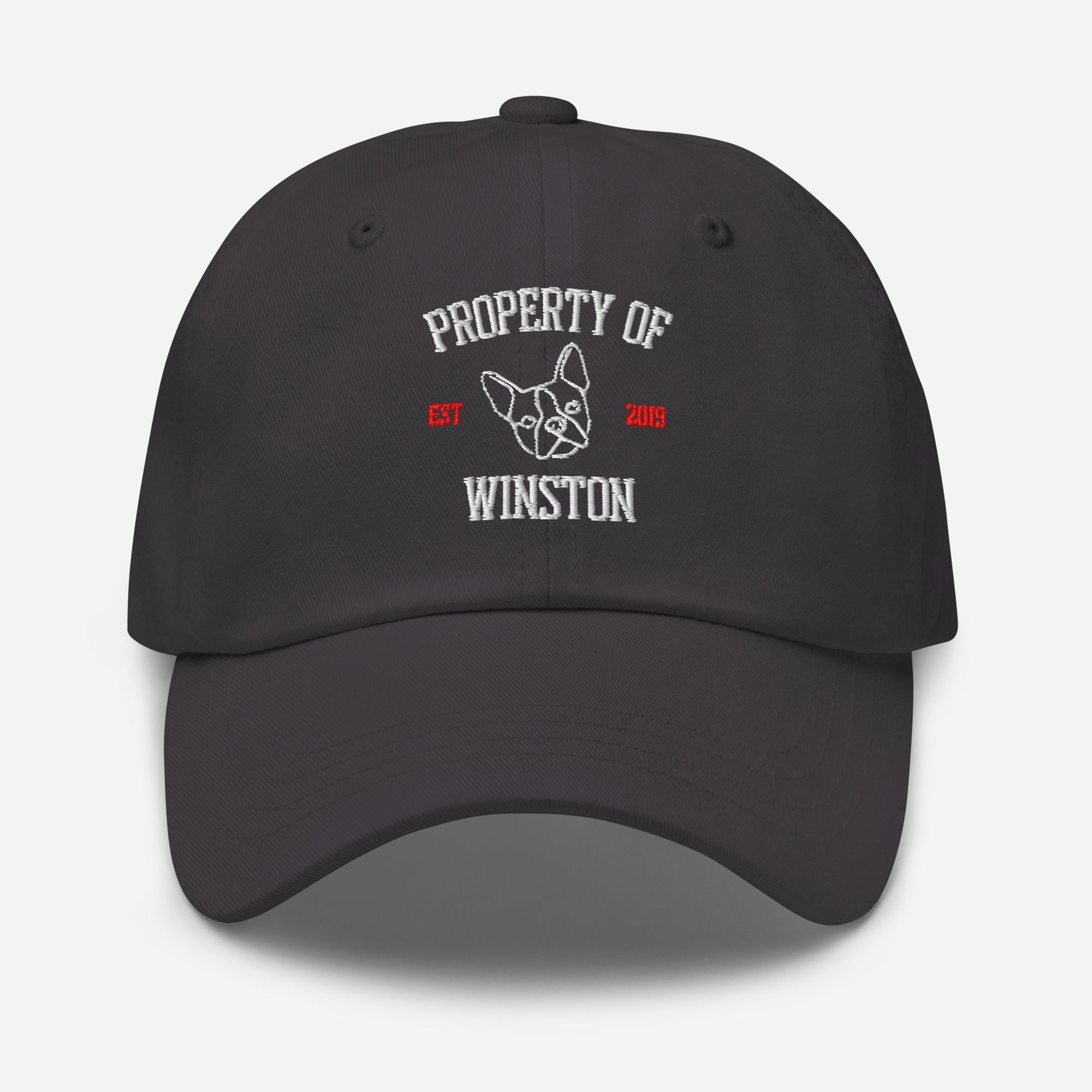 Property Of My Dog Custom Embroidered Dad Hat . Dark Grey