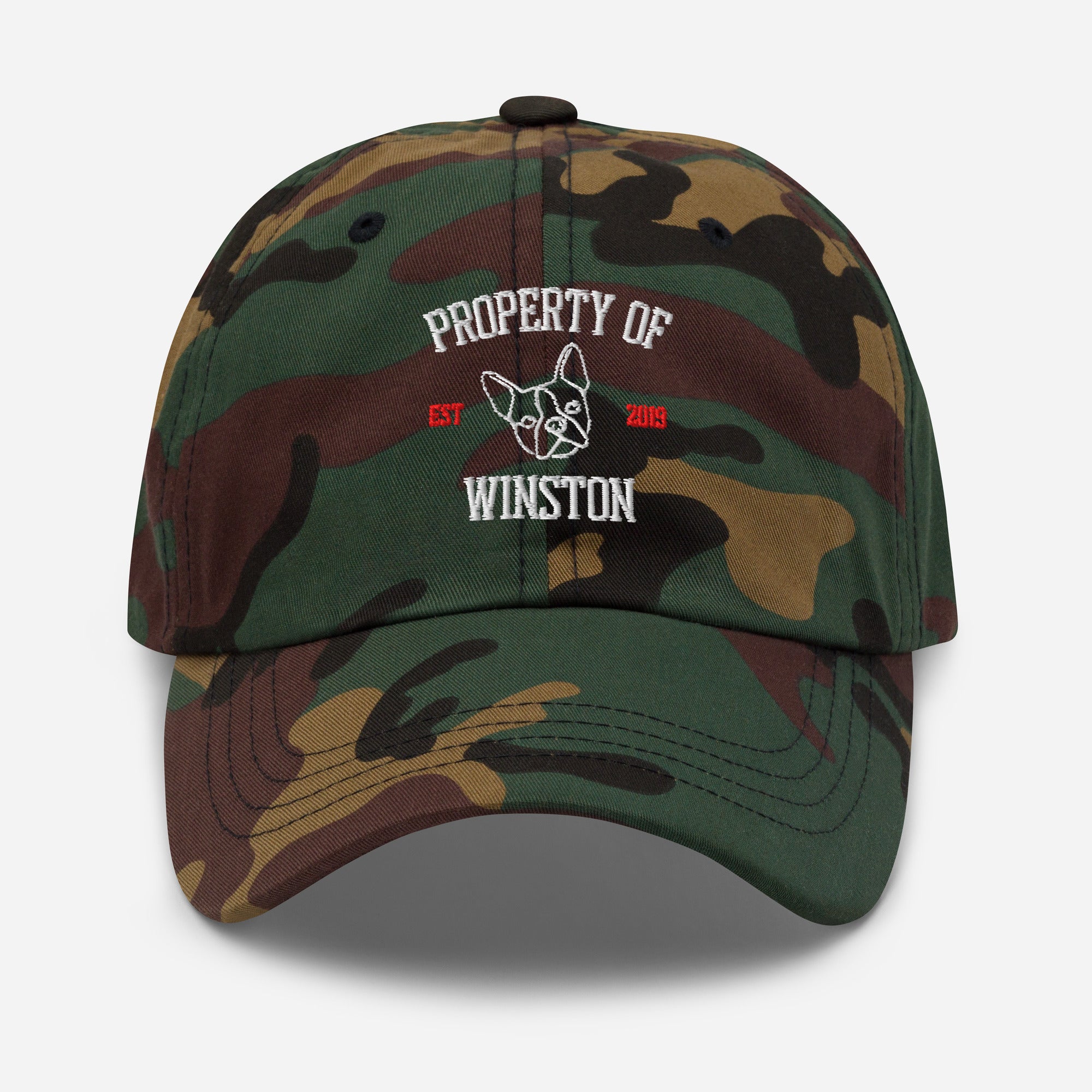 Property Of My Dog Custom Embroidered Dad Hat . Green Camo