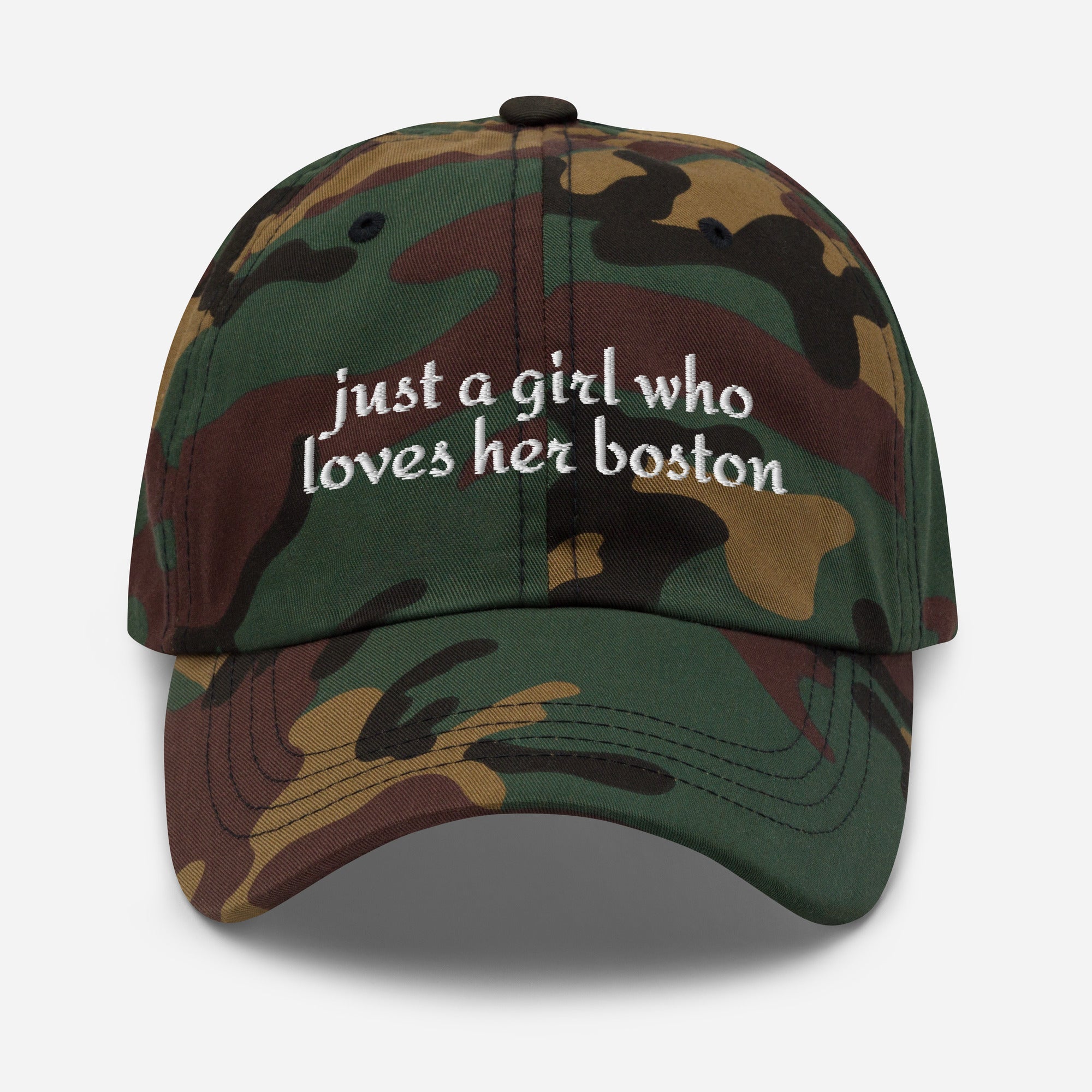 Just A Girl Who Loves Her Boston Dad Hat . Green Camo