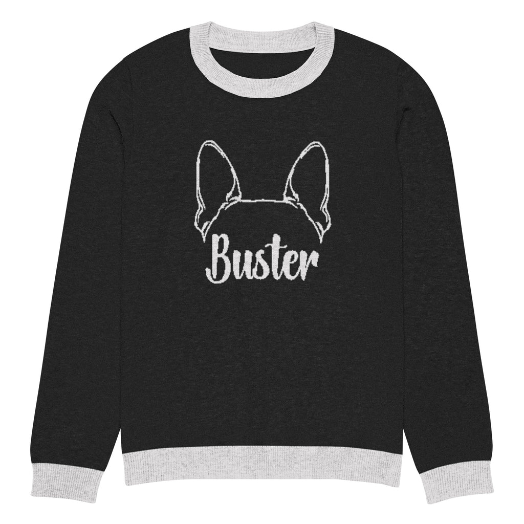 Big Ears with Boston Terrier Name - Custom Knitted Crew Neck Sweater - Black and White