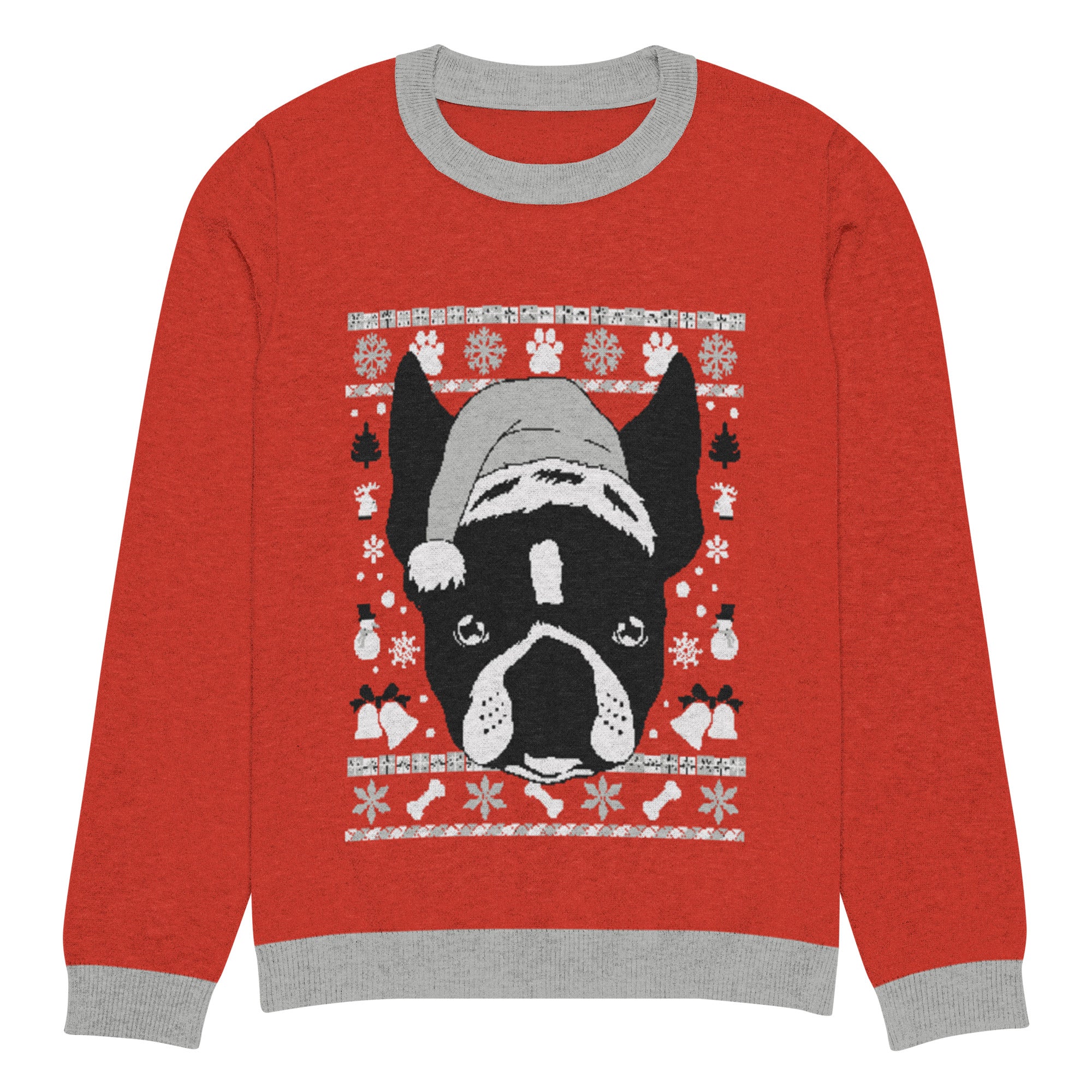 Ugly Christmas Boston Terrier Knitted Crew Neck Sweater - Red and Gray