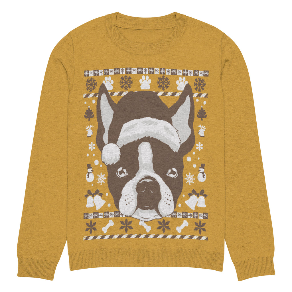 Ugly Christmas Boston Terrier Knitted Crew Neck Sweater - Mustard