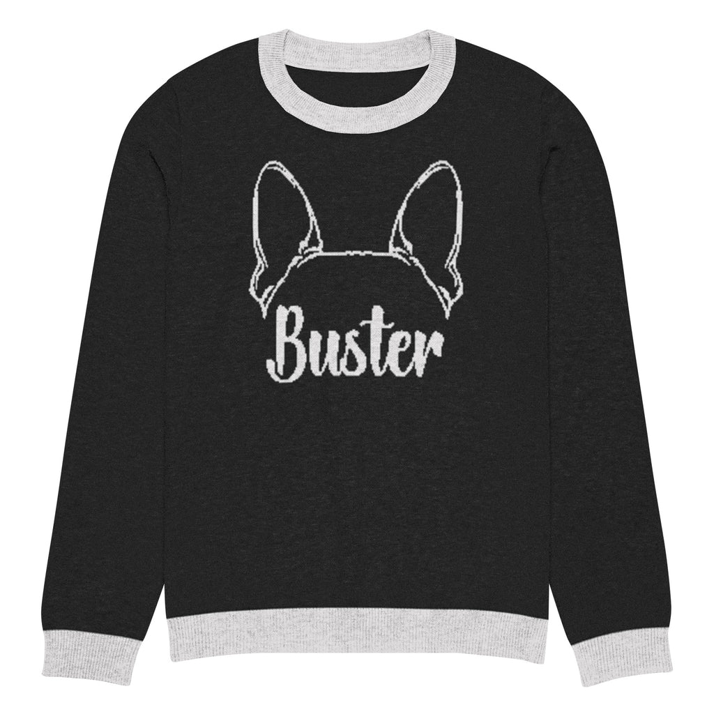 Big Ears with Boston Terrier Name - Custom Knitted Crew Neck Sweater - Black and White