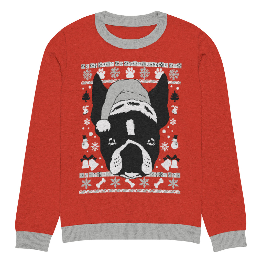 Ugly Christmas Boston Terrier Knitted Crew Neck Sweater - Red and Gray