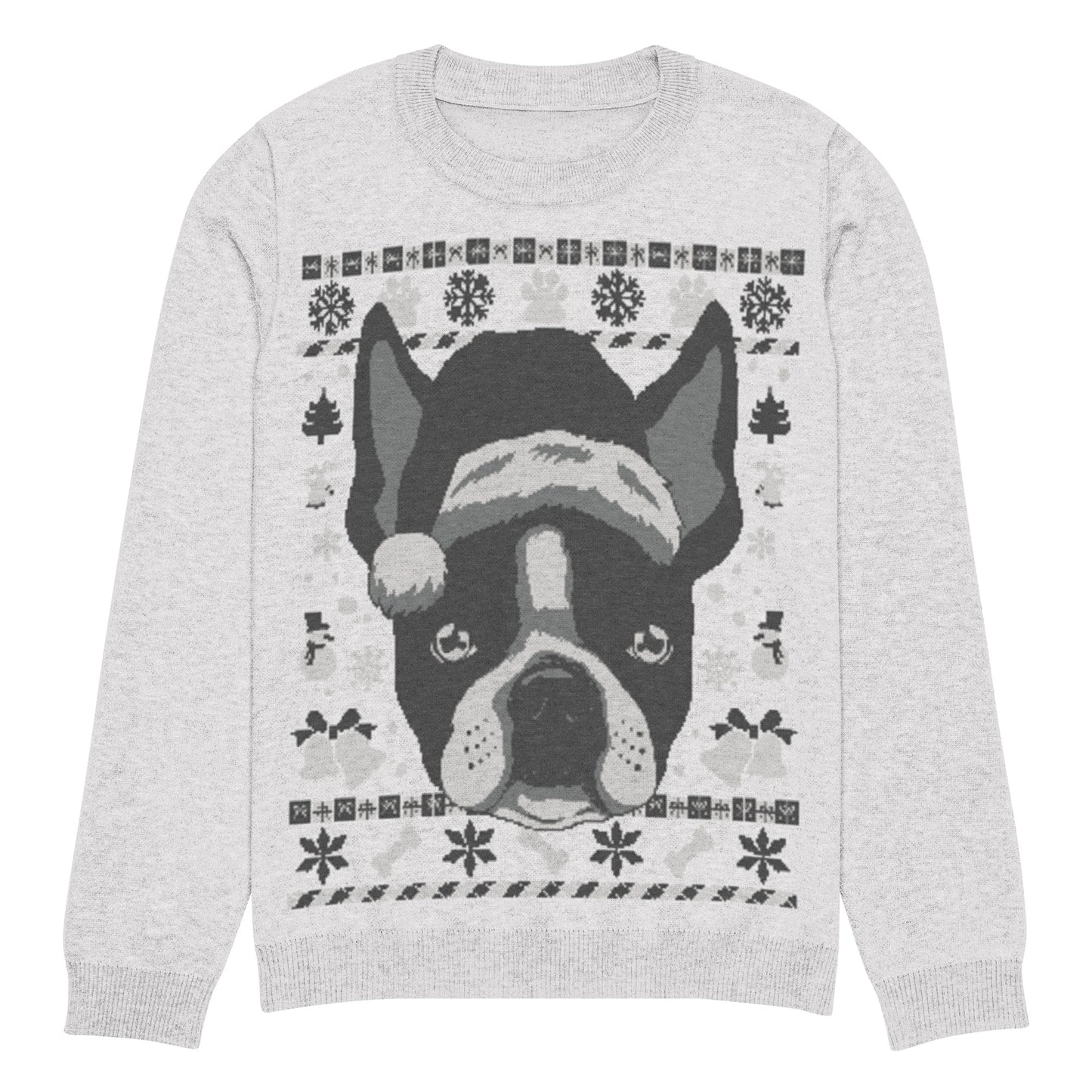 Ugly Christmas Boston Terrier Knitted Crew Neck Sweater - Gray