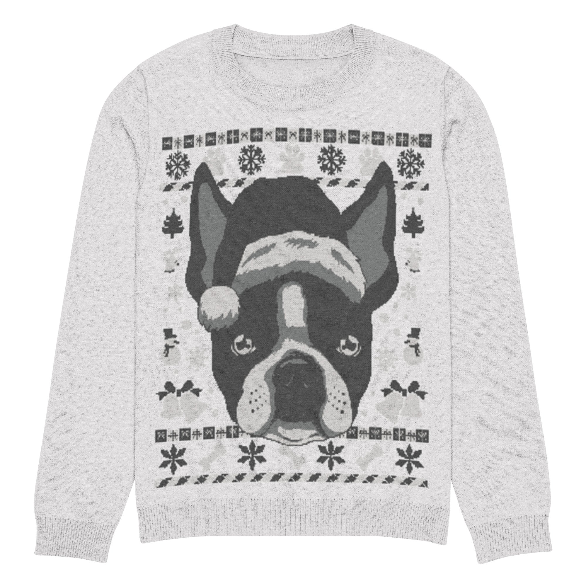 Ugly Christmas Boston Terrier Knitted Crew Neck Sweater - Gray