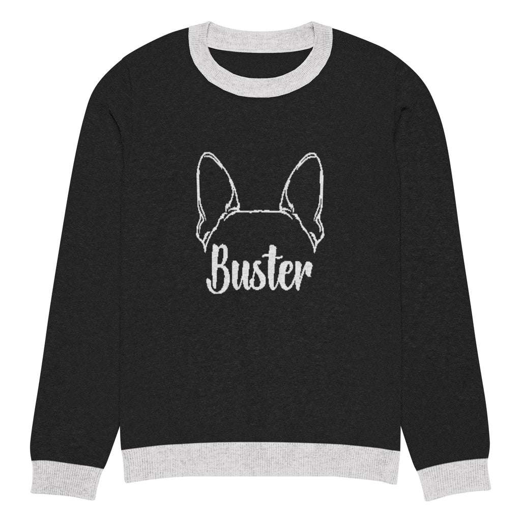 Big Ears with Boston Terrier Name - Custom Knitted Crew Neck Sweater - Black and White