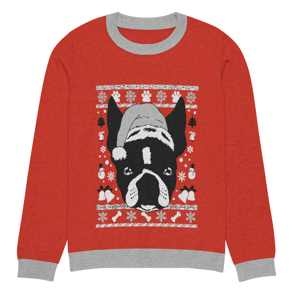 Ugly Christmas Boston Terrier Knitted Crew Neck Sweater - Red and Gray