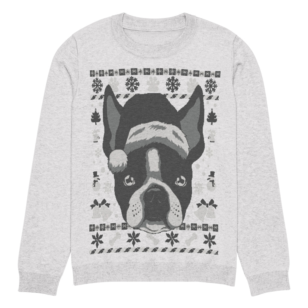 Ugly Christmas Boston Terrier Knitted Crew Neck Sweater - Gray