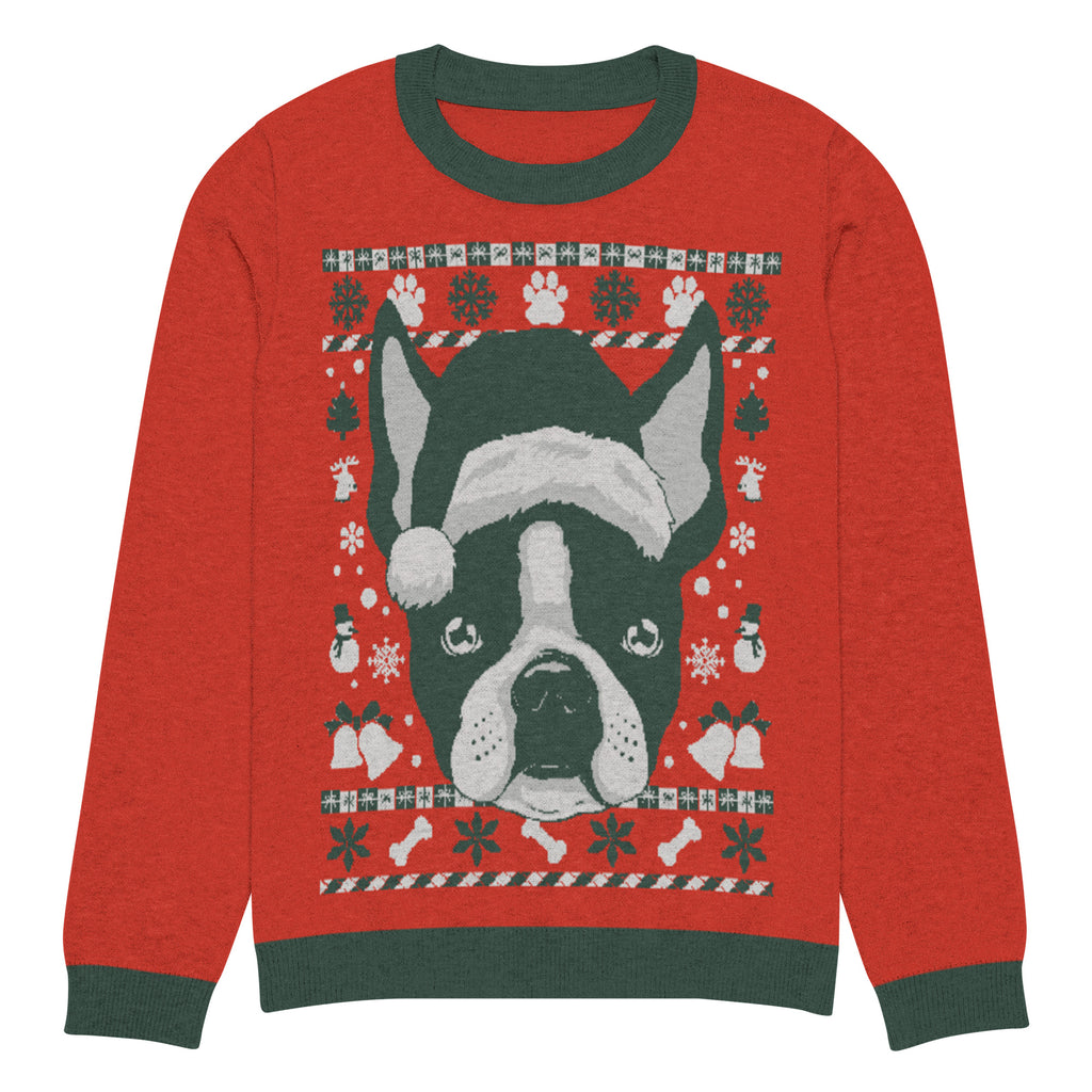 Ugly Christmas Boston Terrier Knitted Crew Neck Sweater - Red and Pine