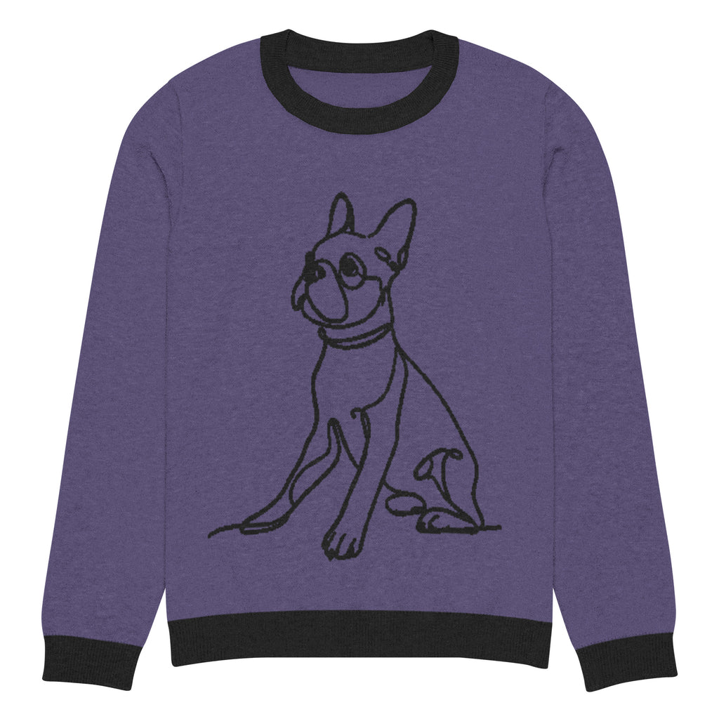 Line Drawn Boston Terrier Dog Knitted Crew Neck Sweater