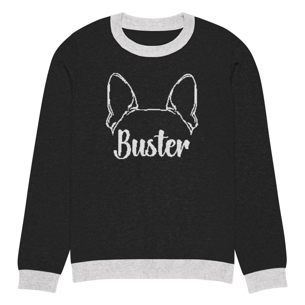 Big Ears with Boston Terrier Name - Custom Knitted Crew Neck Sweater - Black and White