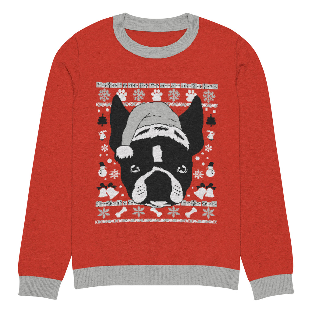 Ugly Christmas Boston Terrier Knitted Crew Neck Sweater - Red and Gray