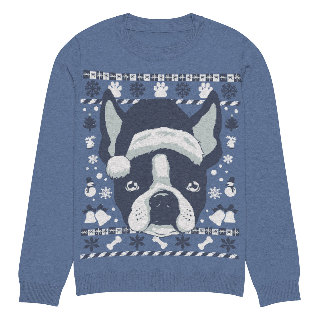 Ugly Christmas Boston Terrier Knitted Crew Neck Sweater - Denim