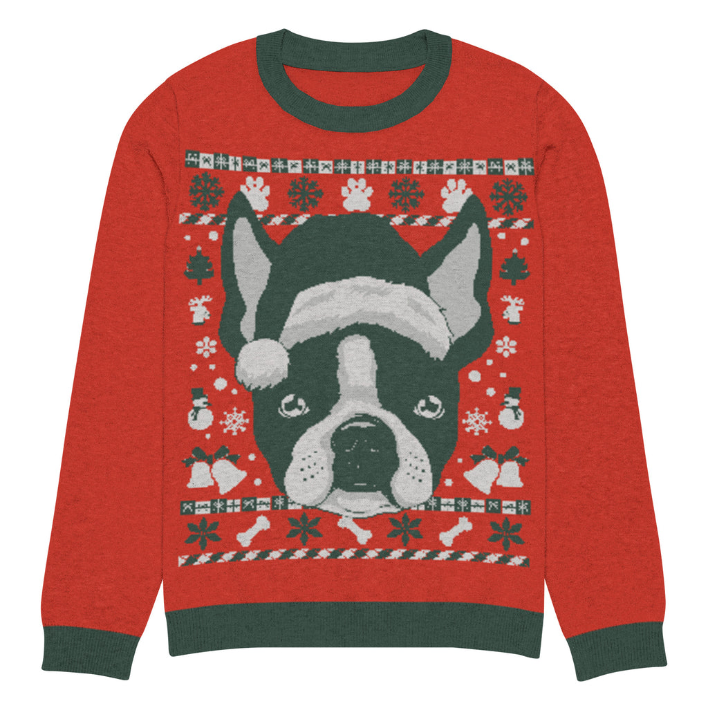 Ugly Christmas Boston Terrier Knitted Crew Neck Sweater - Red and Pine