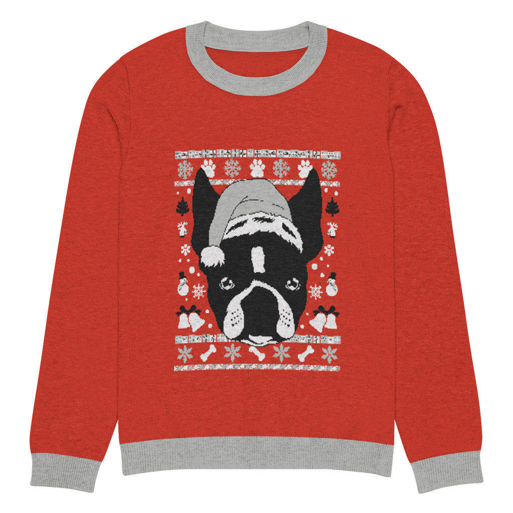 Ugly Christmas Boston Terrier Knitted Crew Neck Sweater - Red and Gray