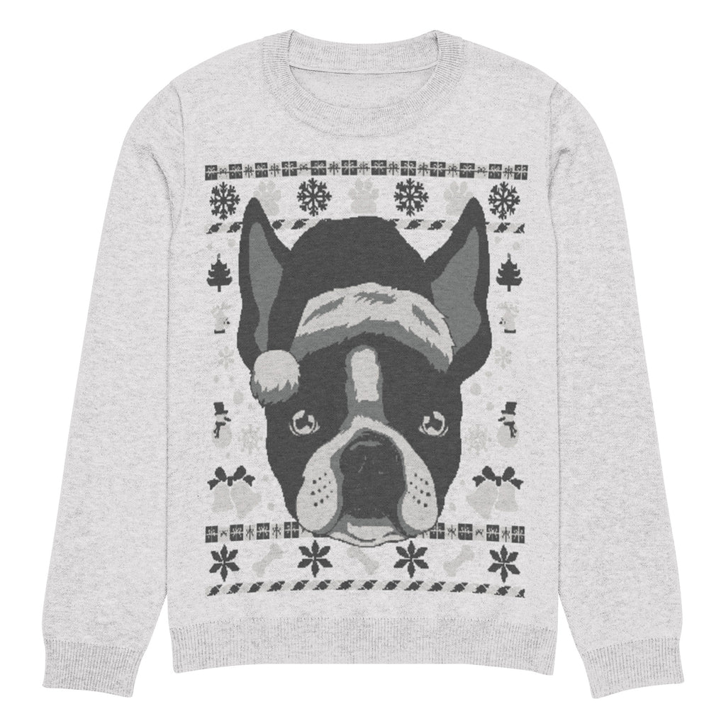 Ugly Christmas Boston Terrier Knitted Crew Neck Sweater - Gray