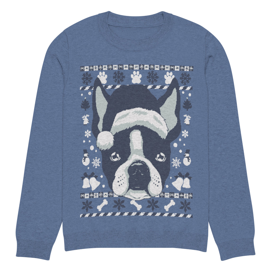 Ugly Christmas Boston Terrier Knitted Crew Neck Sweater - Denim