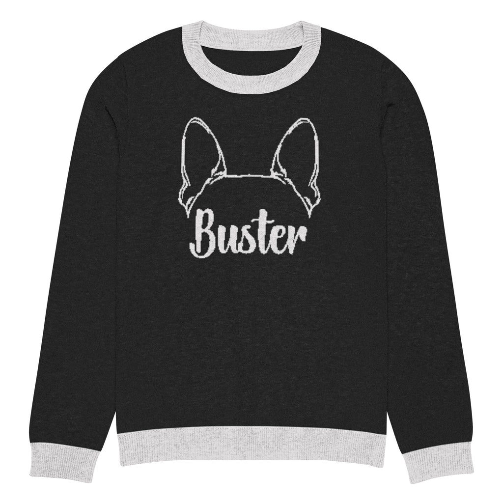 Big Ears with Boston Terrier Name - Custom Knitted Crew Neck Sweater - Black and White