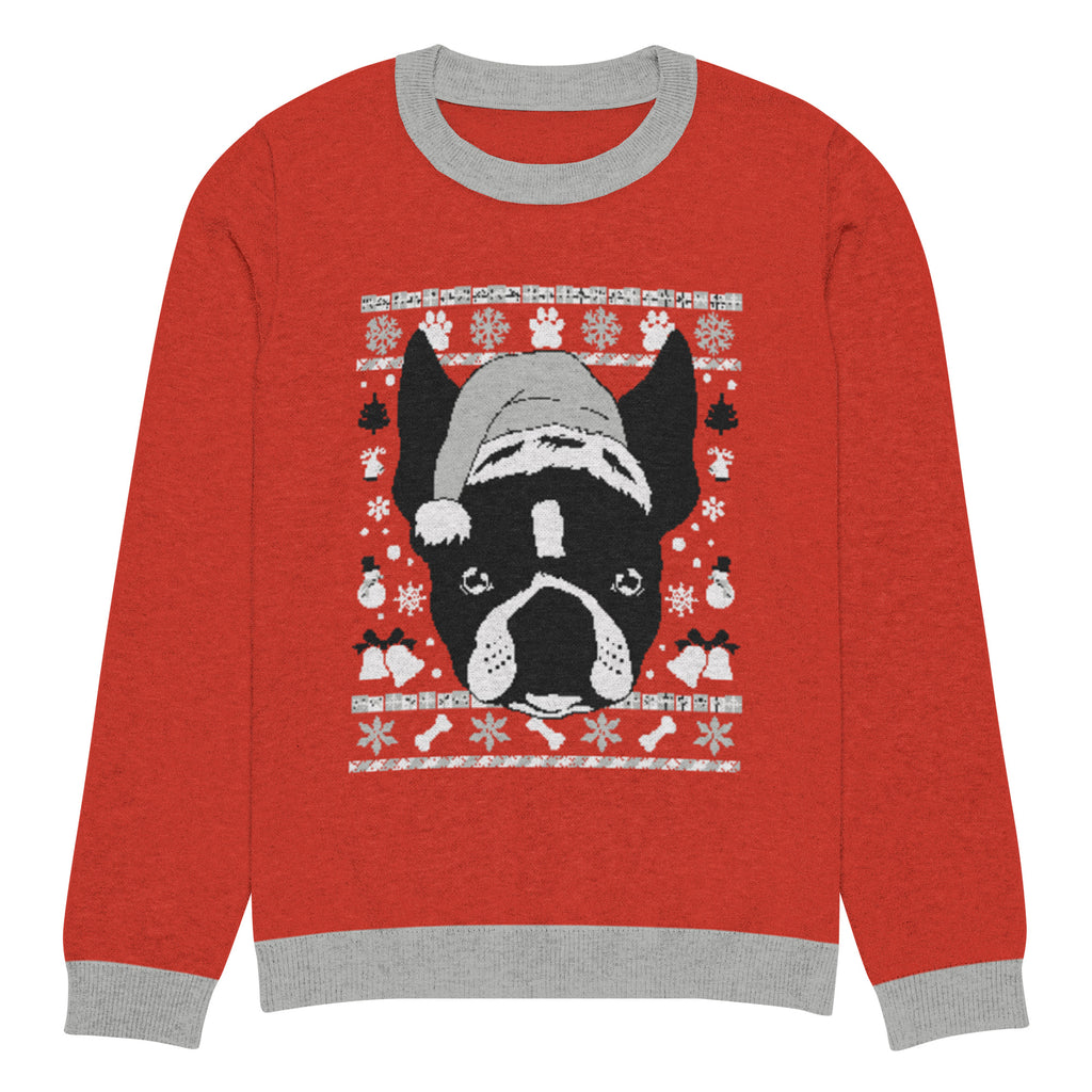 Ugly Christmas Boston Terrier Knitted Crew Neck Sweater - Red and Gray