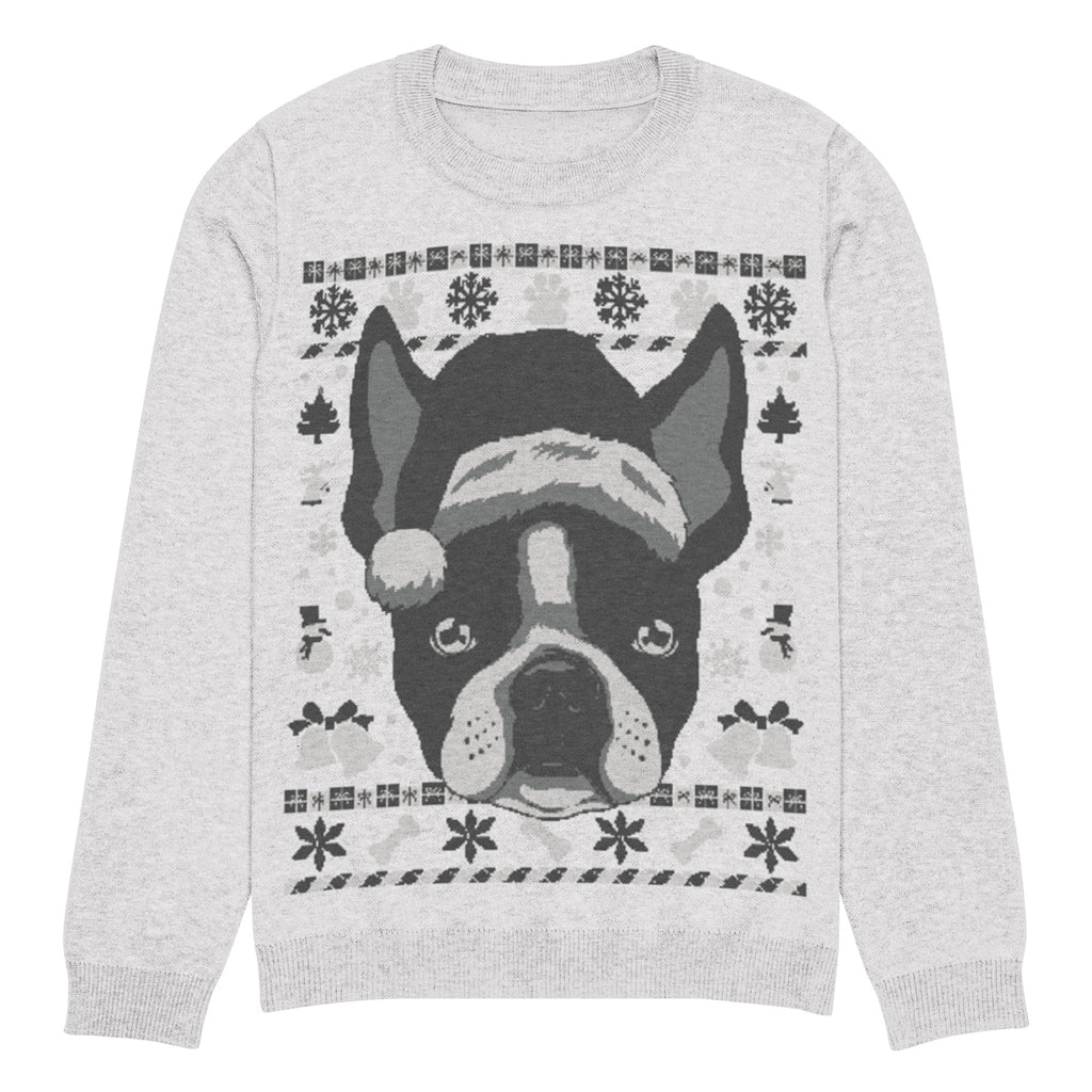 Ugly Christmas Boston Terrier Knitted Crew Neck Sweater - Gray