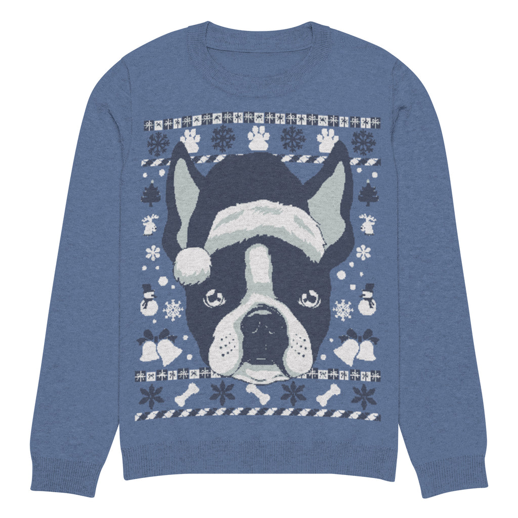 Ugly Christmas Boston Terrier Knitted Crew Neck Sweater - Denim