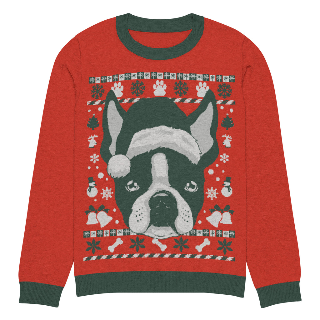 Ugly Christmas Boston Terrier Knitted Crew Neck Sweater - Red and Pine