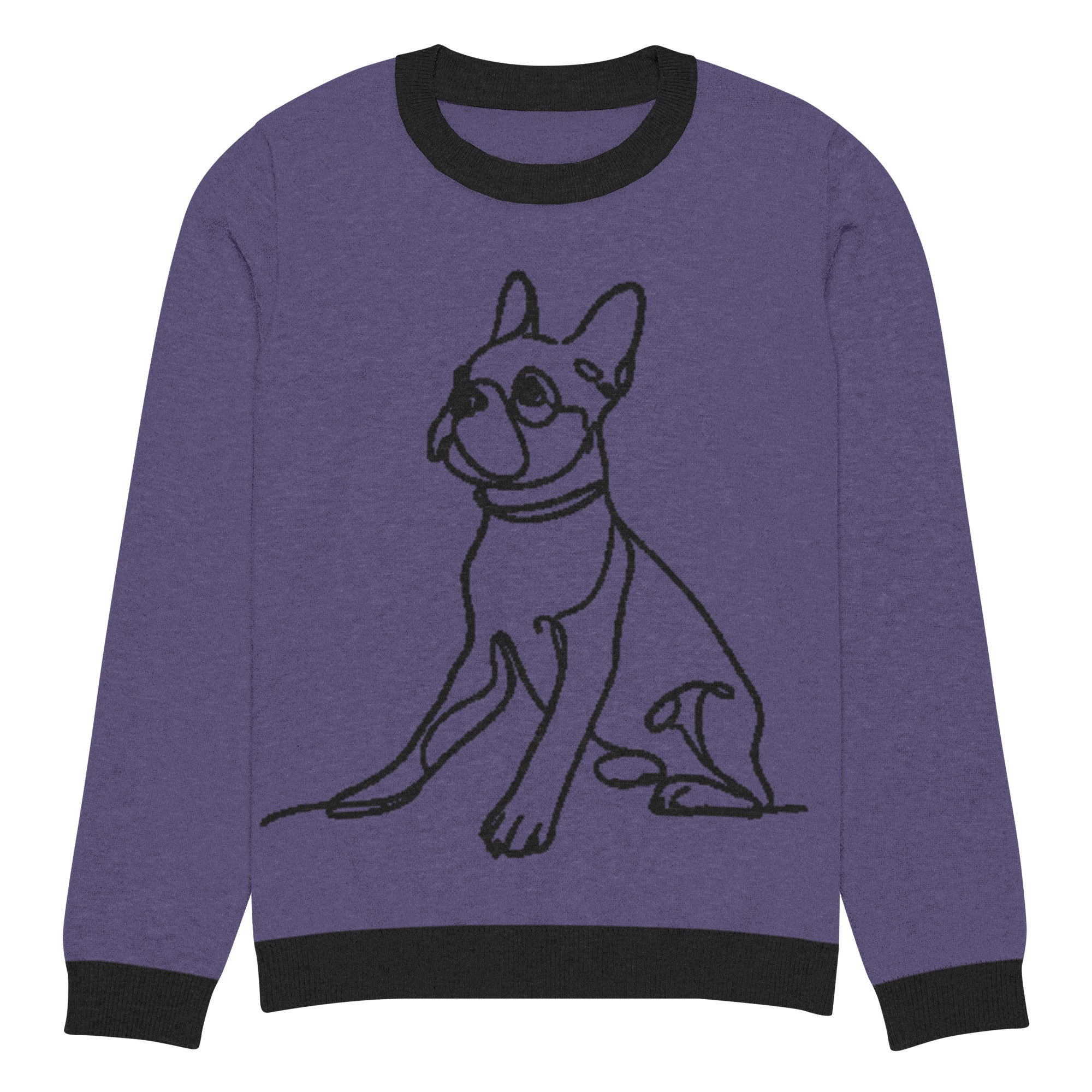 Line Drawn Boston Terrier Dog Knitted Crew Neck Sweater
