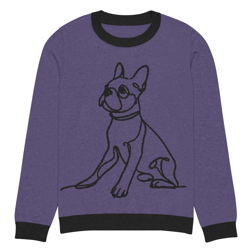 Line Drawn Boston Terrier Dog Knitted Crew Neck Sweater