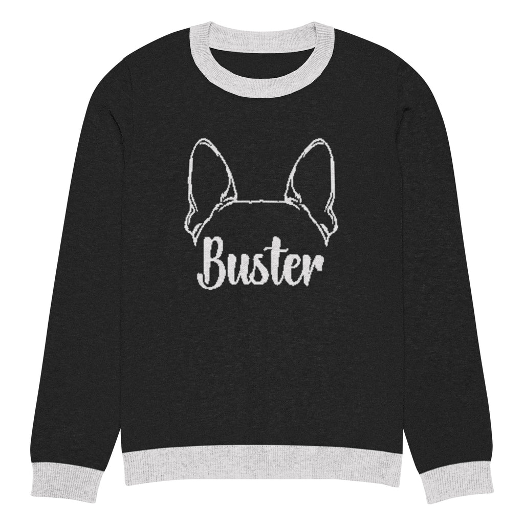 Big Ears with Boston Terrier Name - Custom Knitted Crew Neck Sweater - Black and White