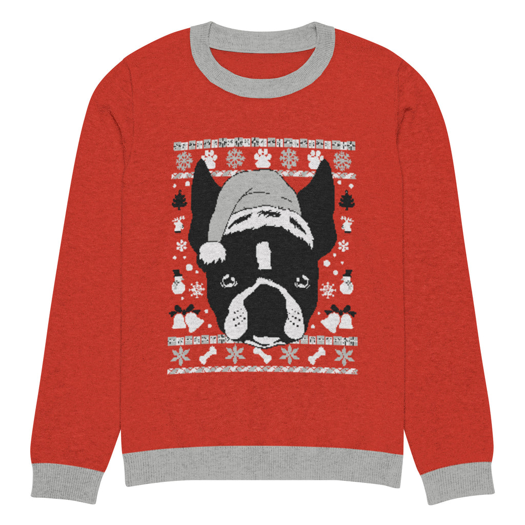 Ugly Christmas Boston Terrier Knitted Crew Neck Sweater - Red and Gray