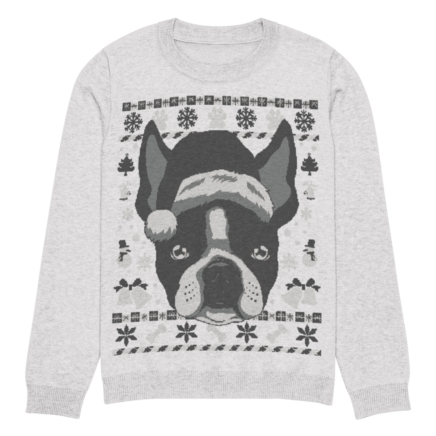 Ugly Christmas Boston Terrier Knitted Crew Neck Sweater - Gray