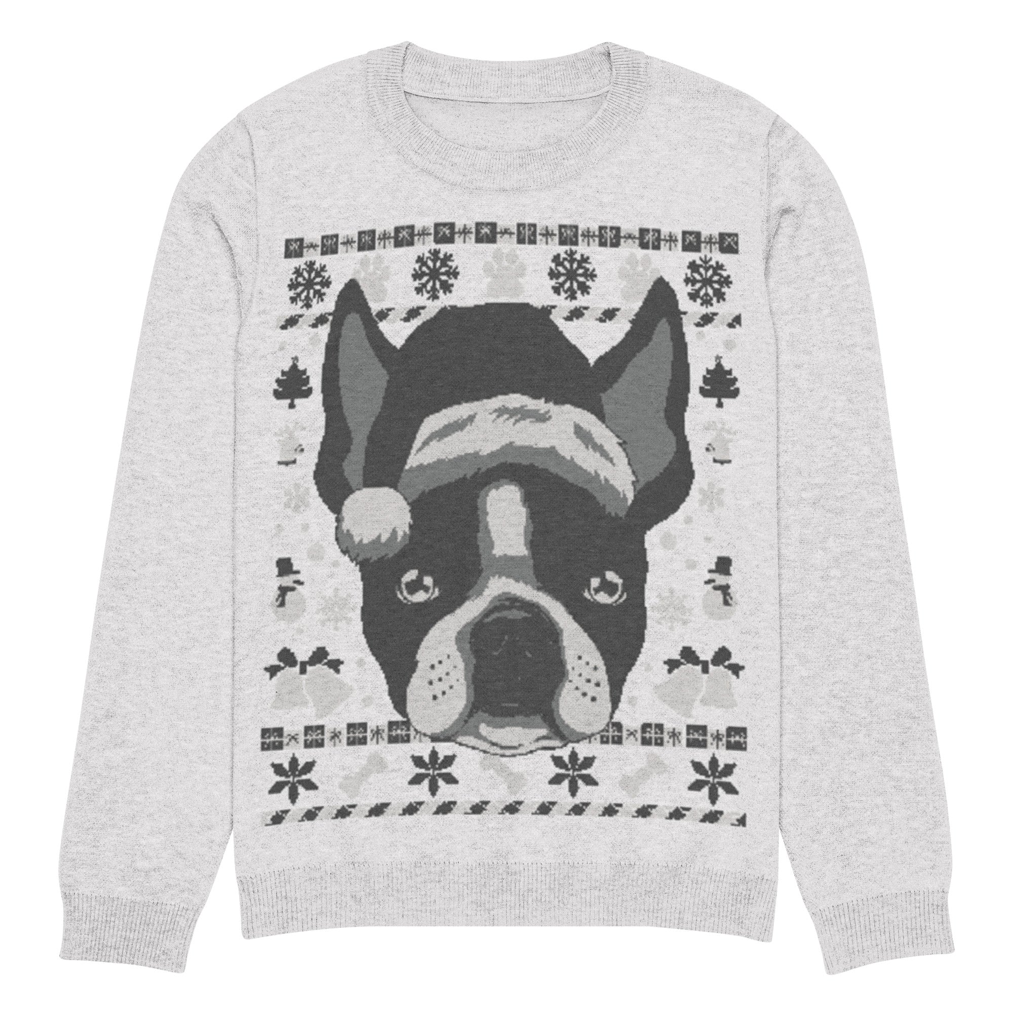 Ugly Christmas Boston Terrier Knitted Crew Neck Sweater - Gray