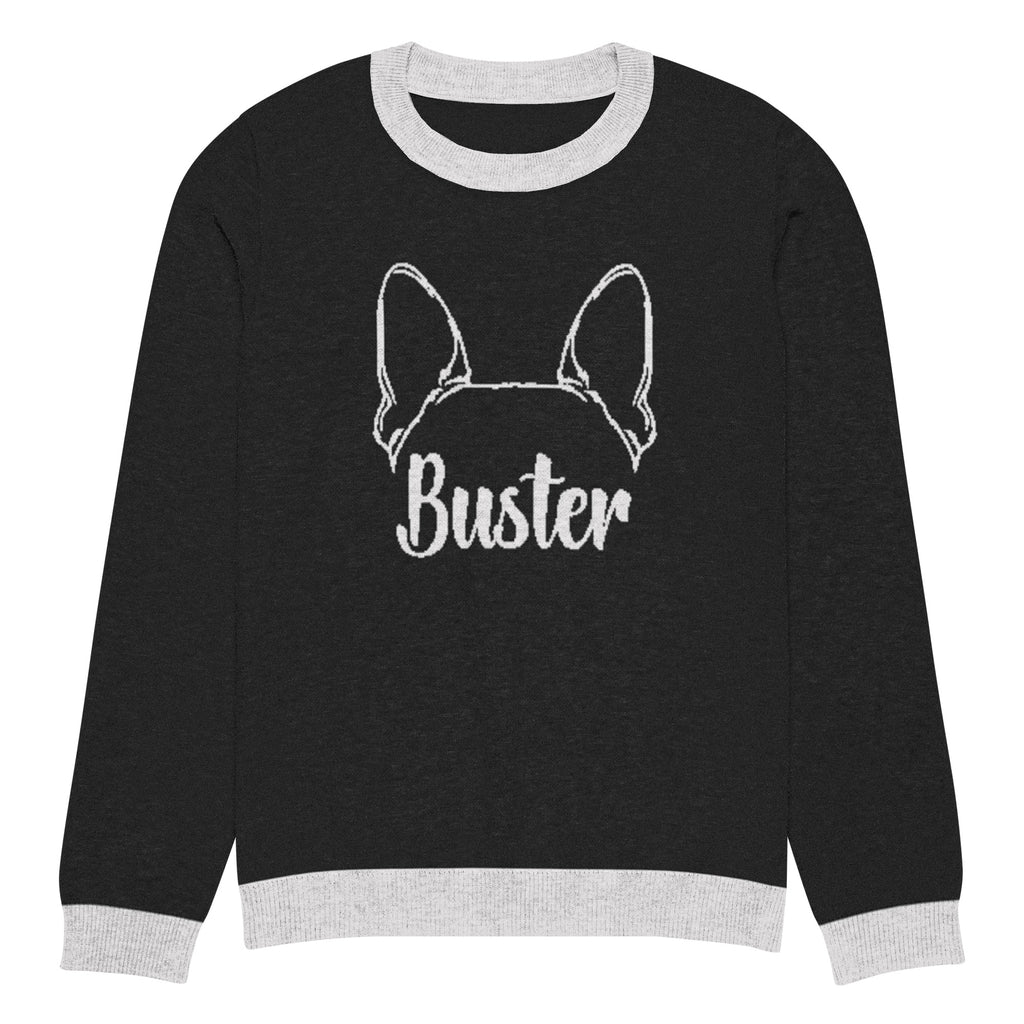 Big Ears with Boston Terrier Name - Custom Knitted Crew Neck Sweater - Black and White