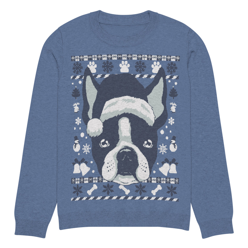 Ugly Christmas Boston Terrier Knitted Crew Neck Sweater - Denim