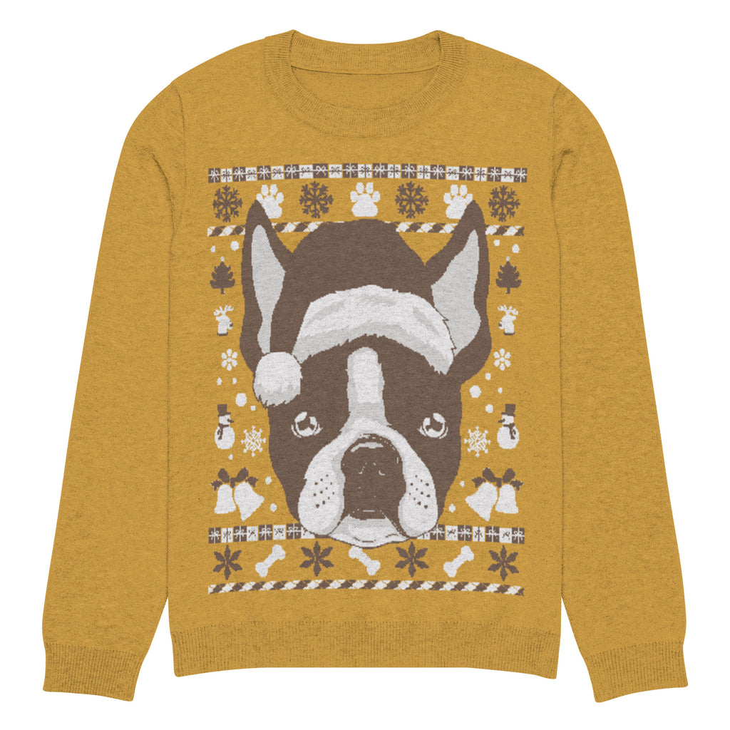 Ugly Christmas Boston Terrier Knitted Crew Neck Sweater - Mustard