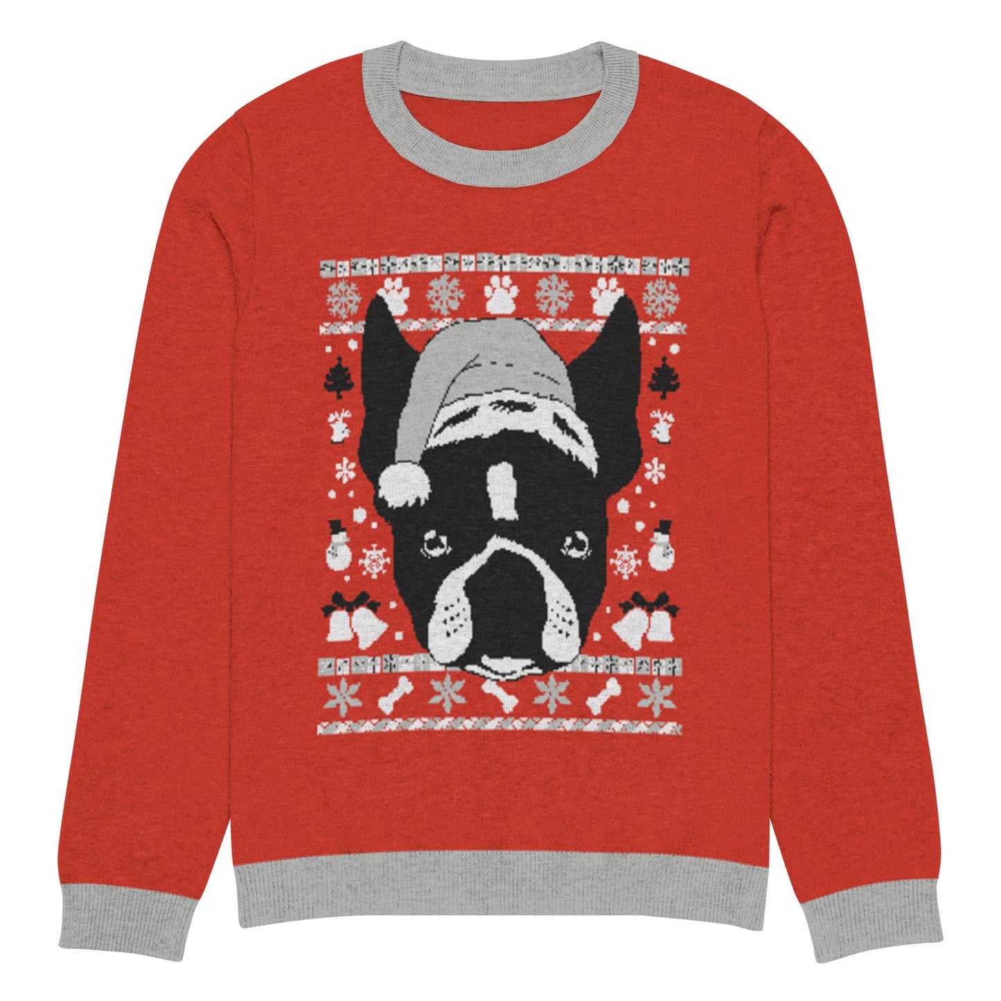 Ugly Christmas Boston Terrier Knitted Crew Neck Sweater - Red and Gray