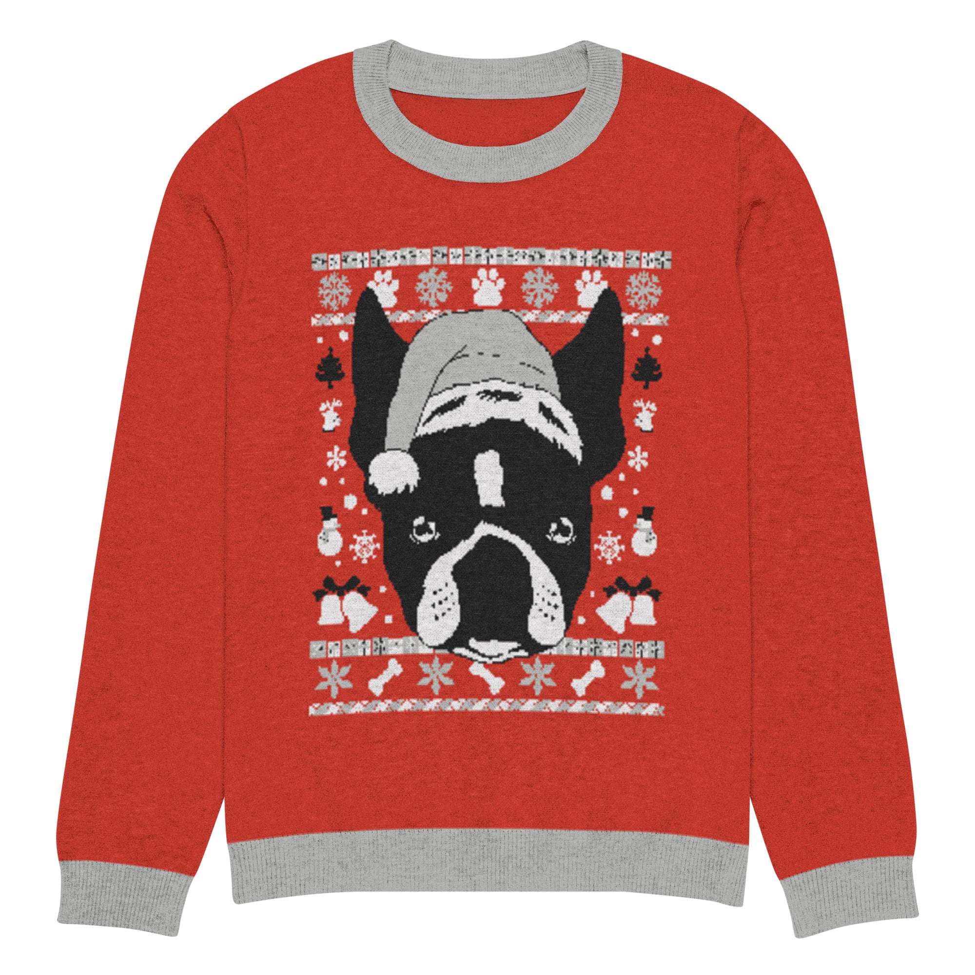 Ugly Christmas Boston Terrier Knitted Crew Neck Sweater - Red and Gray